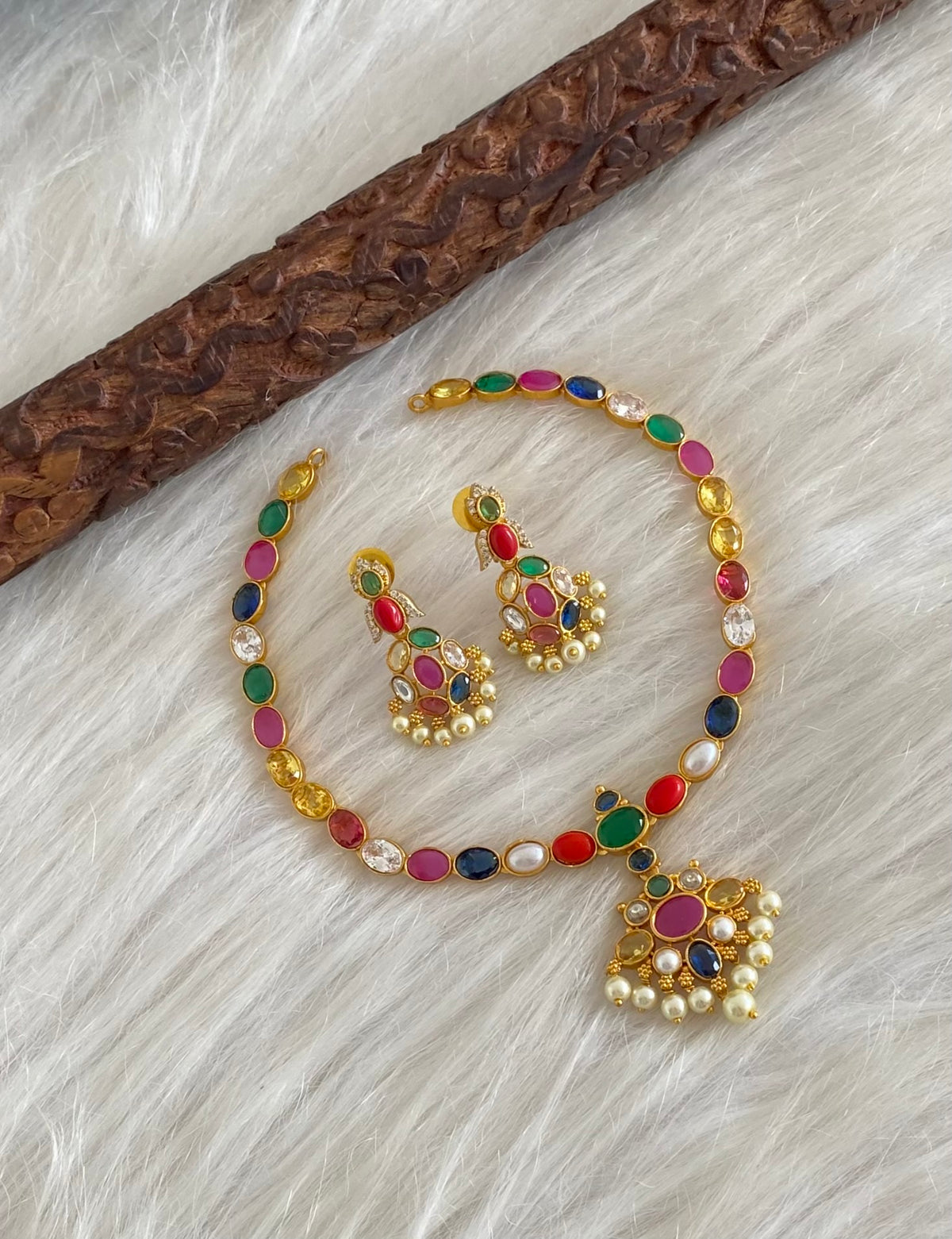 Gold tone navarathna oval stone pearl necklace set dj-54760