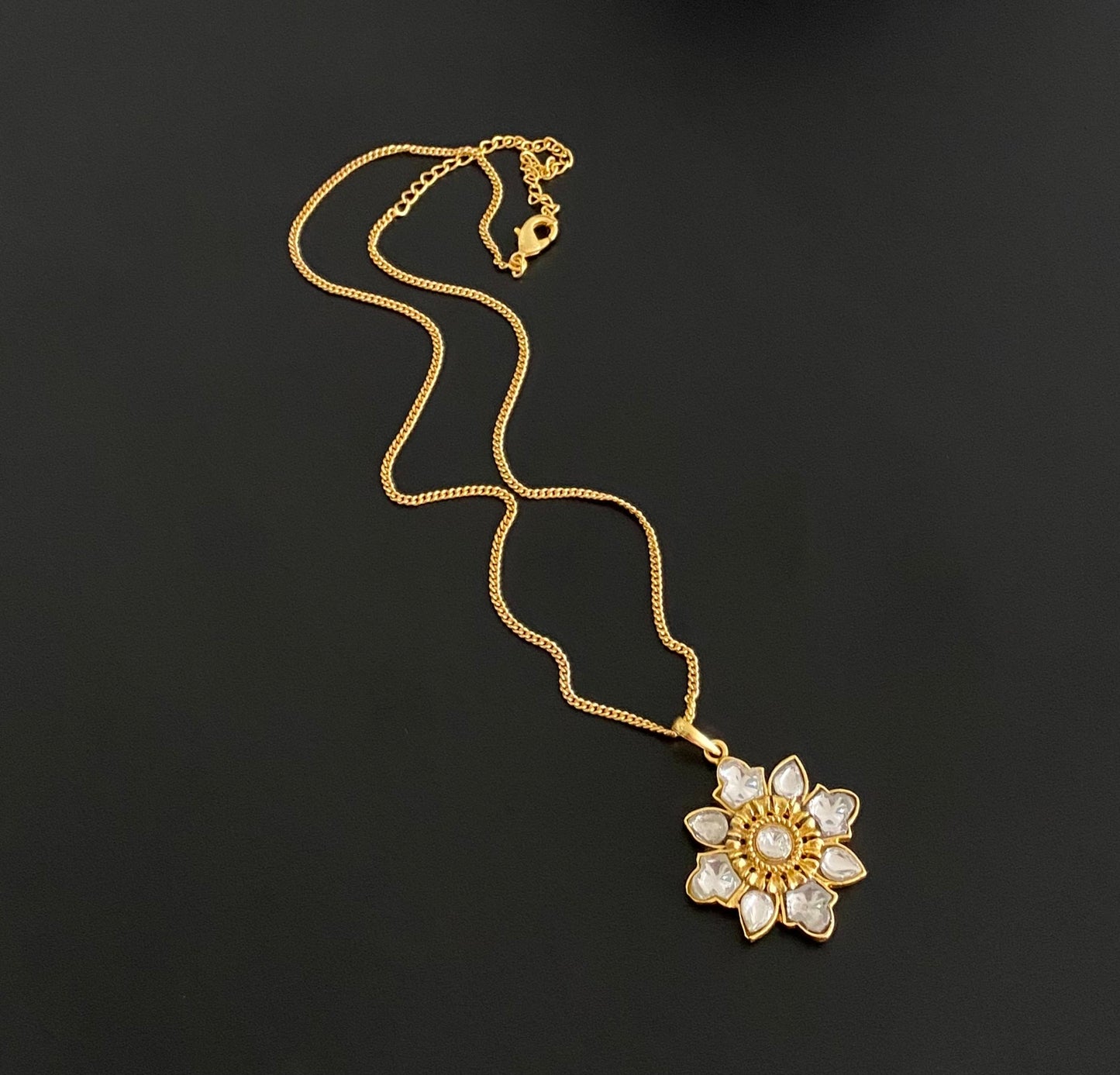 Gold tone white flower kundan jadau chain with pendant dj-54500