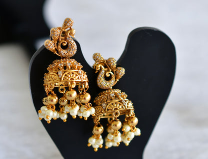 Antique gold tone white peacock jhumkka dj-51932