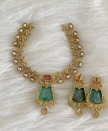 Antique gold tone cz white-pink-green stone swan victorian necklace set dj-54439
