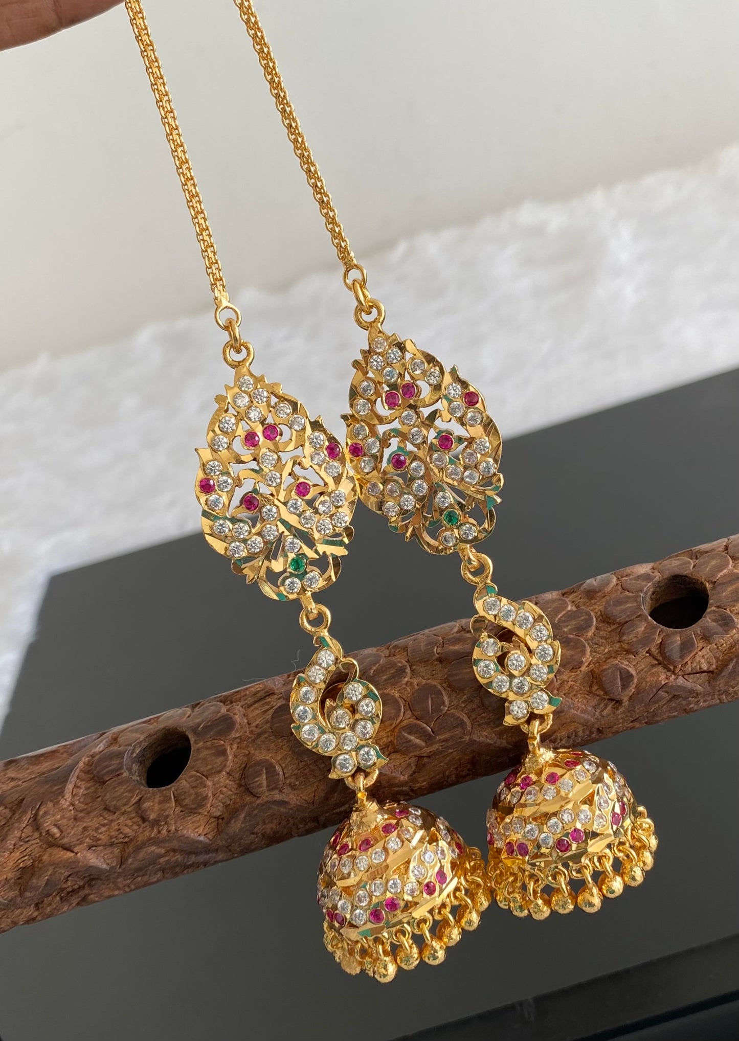 Gold tone AD pink-green south Indian peacock jhumkka with ear side chain dj-53591