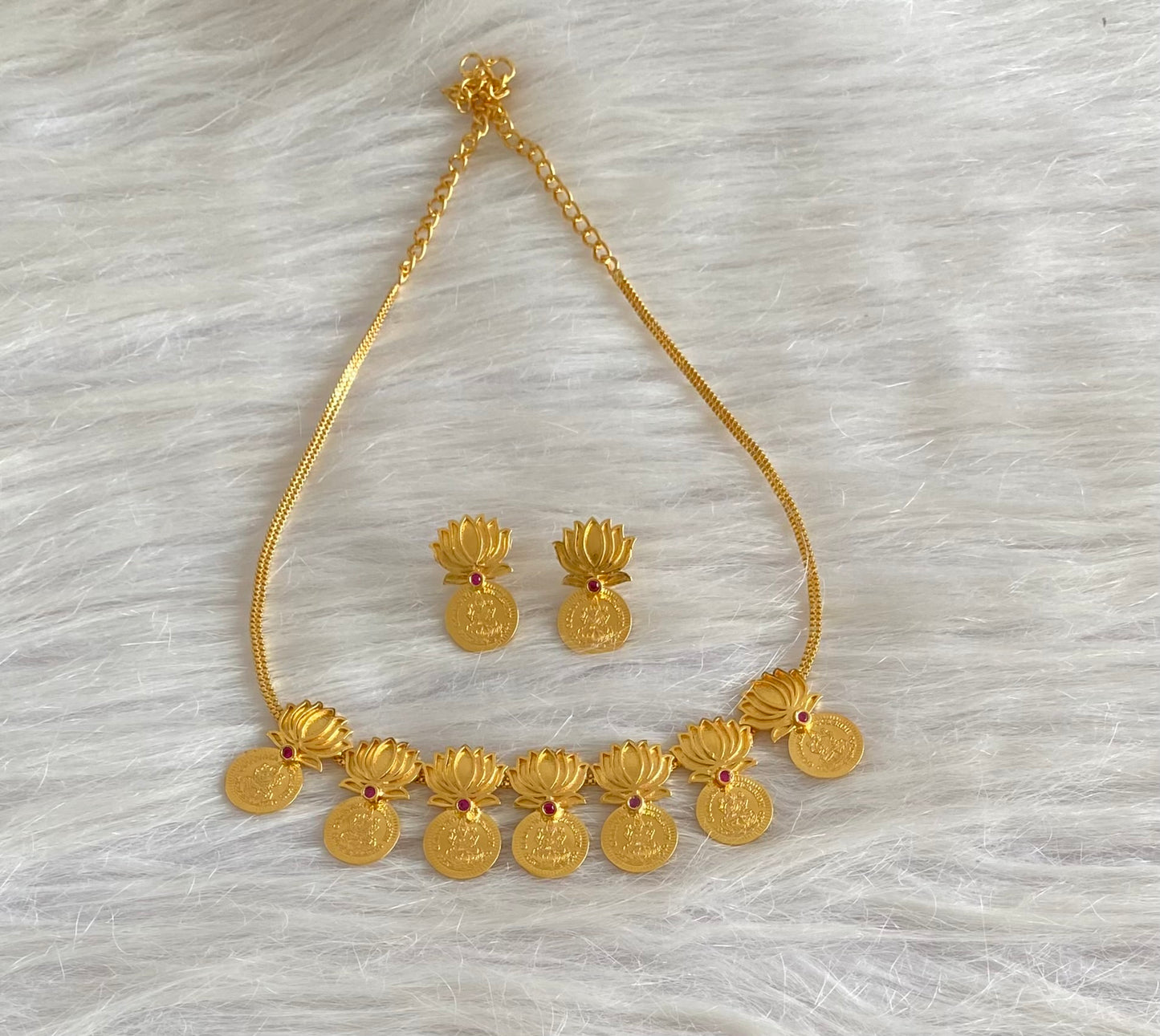 Gold tone pink stone lakshmi coin lotus necklace set dj-54120