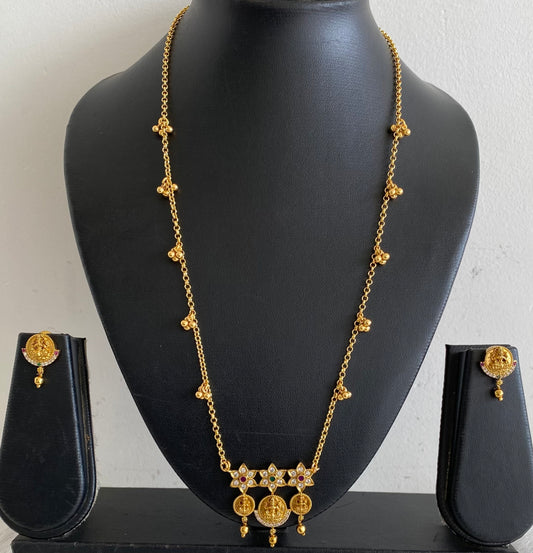 Matte finish 18 inches chain ruby-green-white lakshmi flower pendant set dj-54116