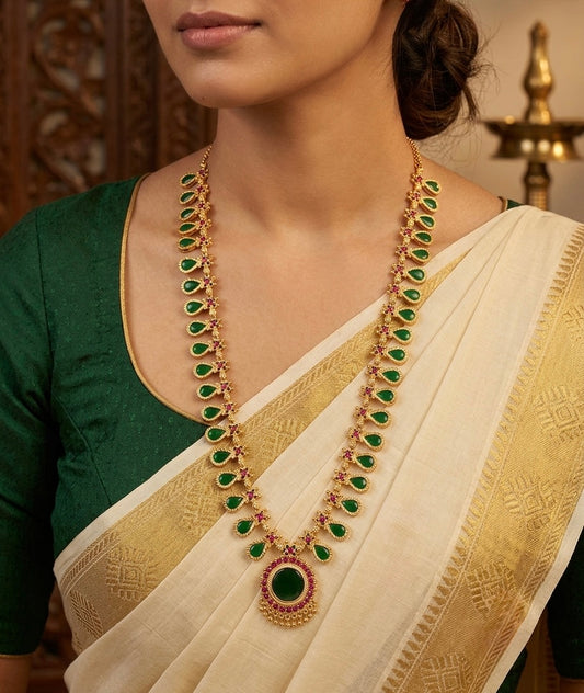 Gold tone pink-green kerala style gopi shape haar dj-54533