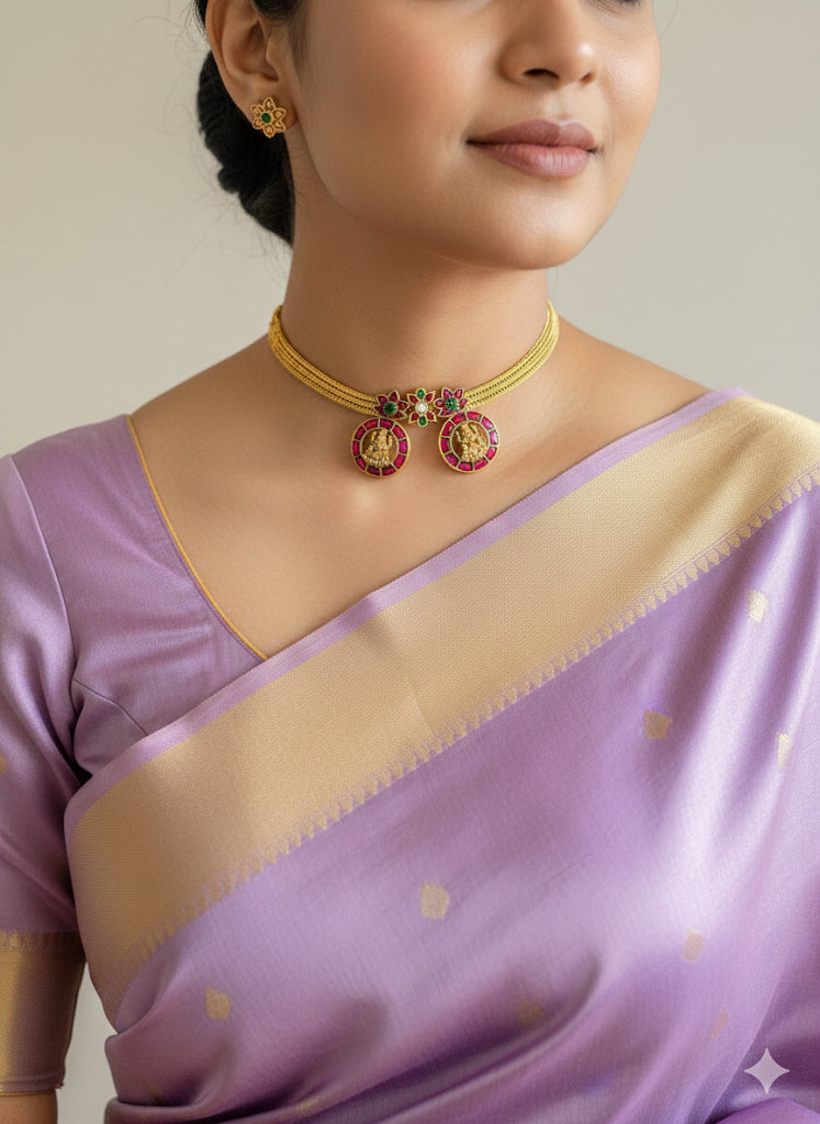 Antique gold tone pink-green kundan jadau Lakshmi necklace dj-35016