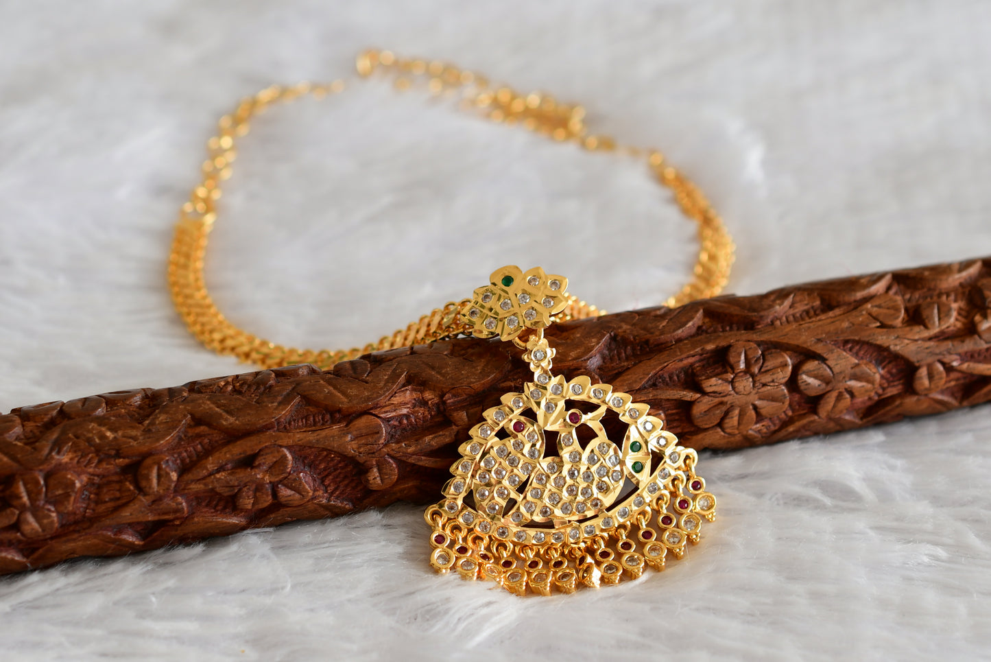 Gold tone south indian AD pink-green-white peacock attigai/necklace dj-51894
