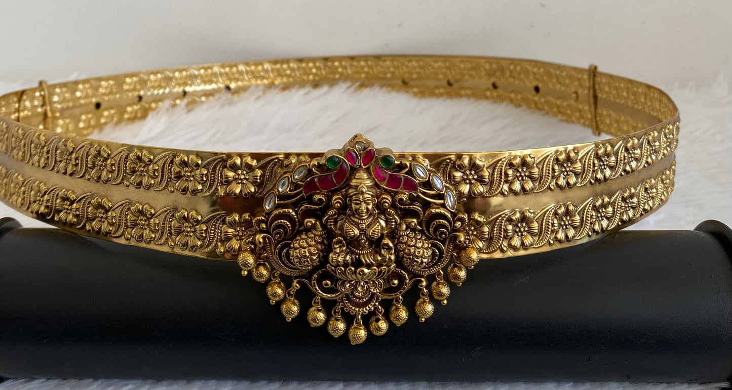 Antique gold tone pink-green kundan jadau lakshmi waist band dj-50402