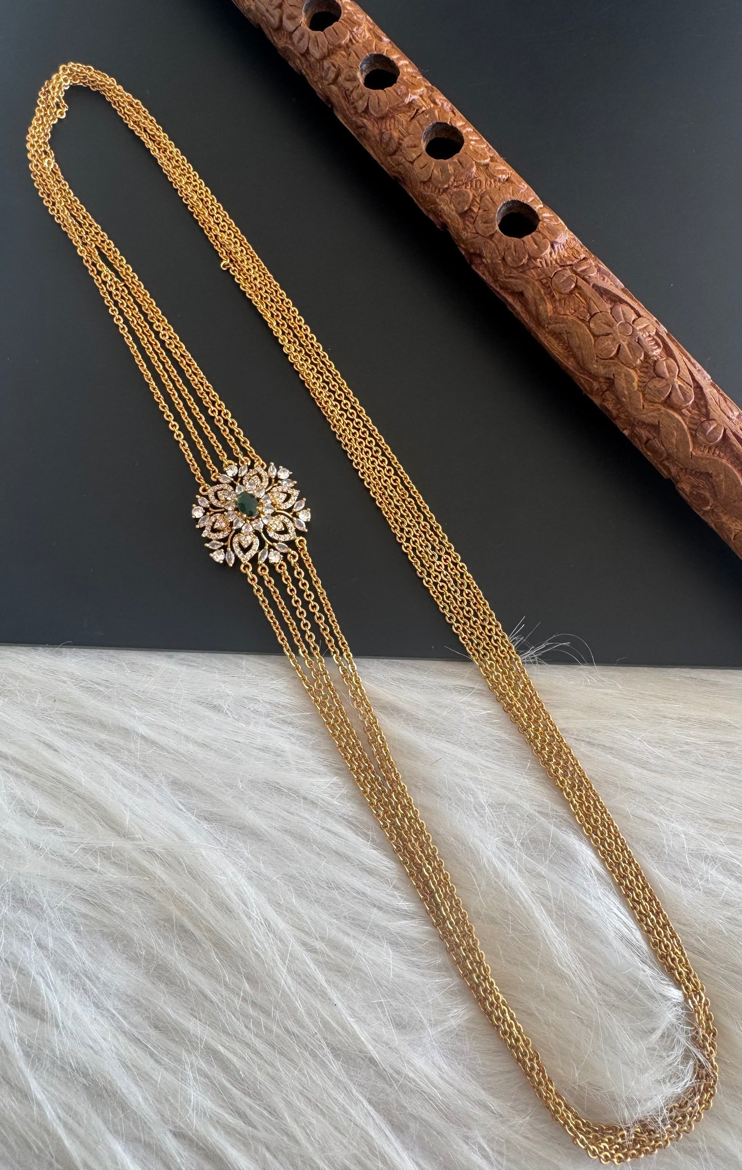 Matte finish cz green flower mugappu chandra haar dj-51242