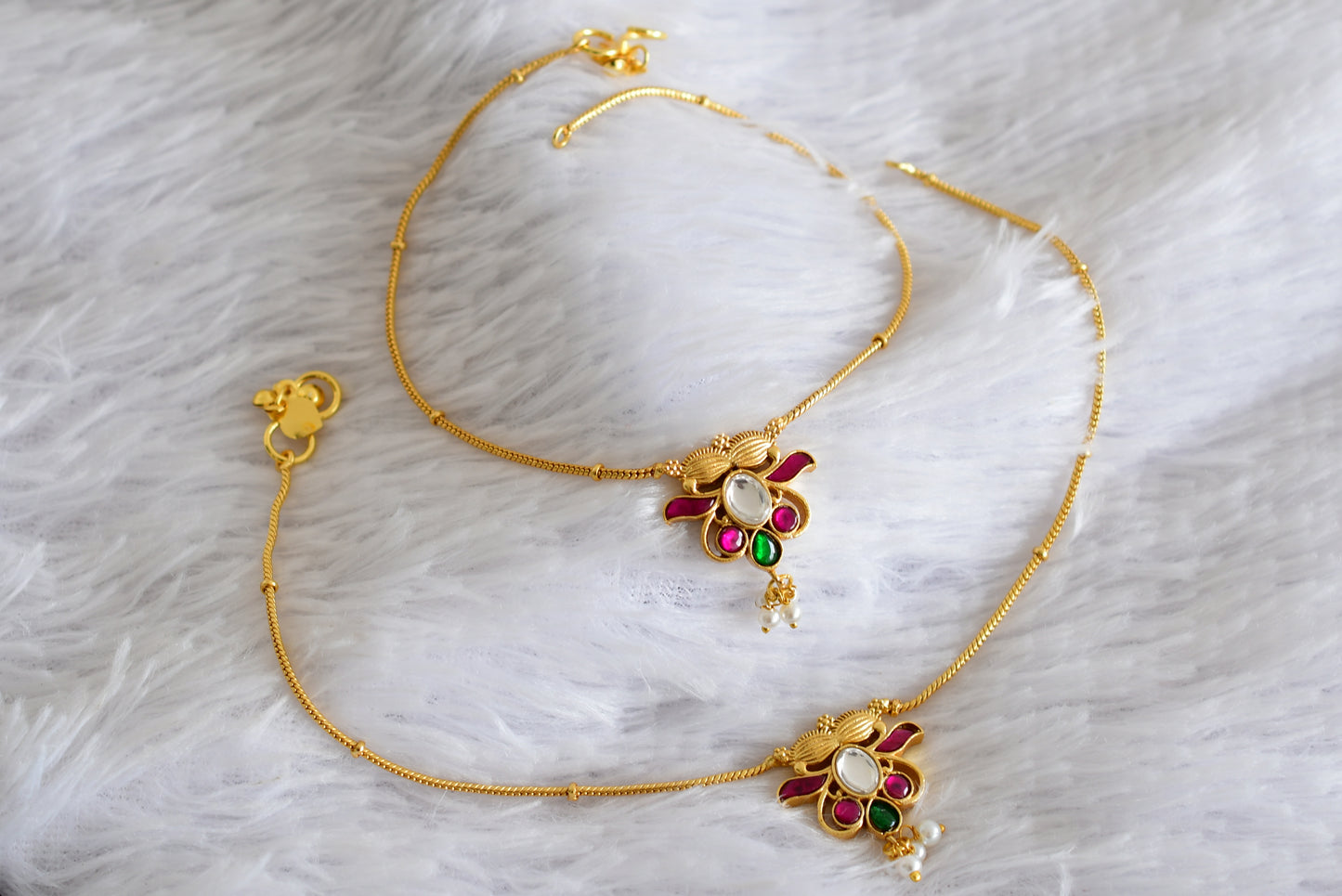 Gold tone pink-green-white kundan jadau anklets dj-52397