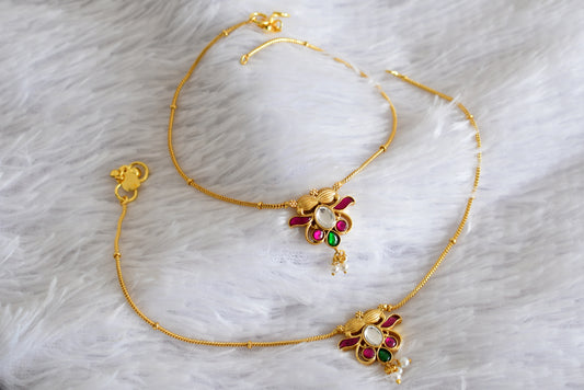 Gold tone pink-green-white kundan jadau anklets dj-52397