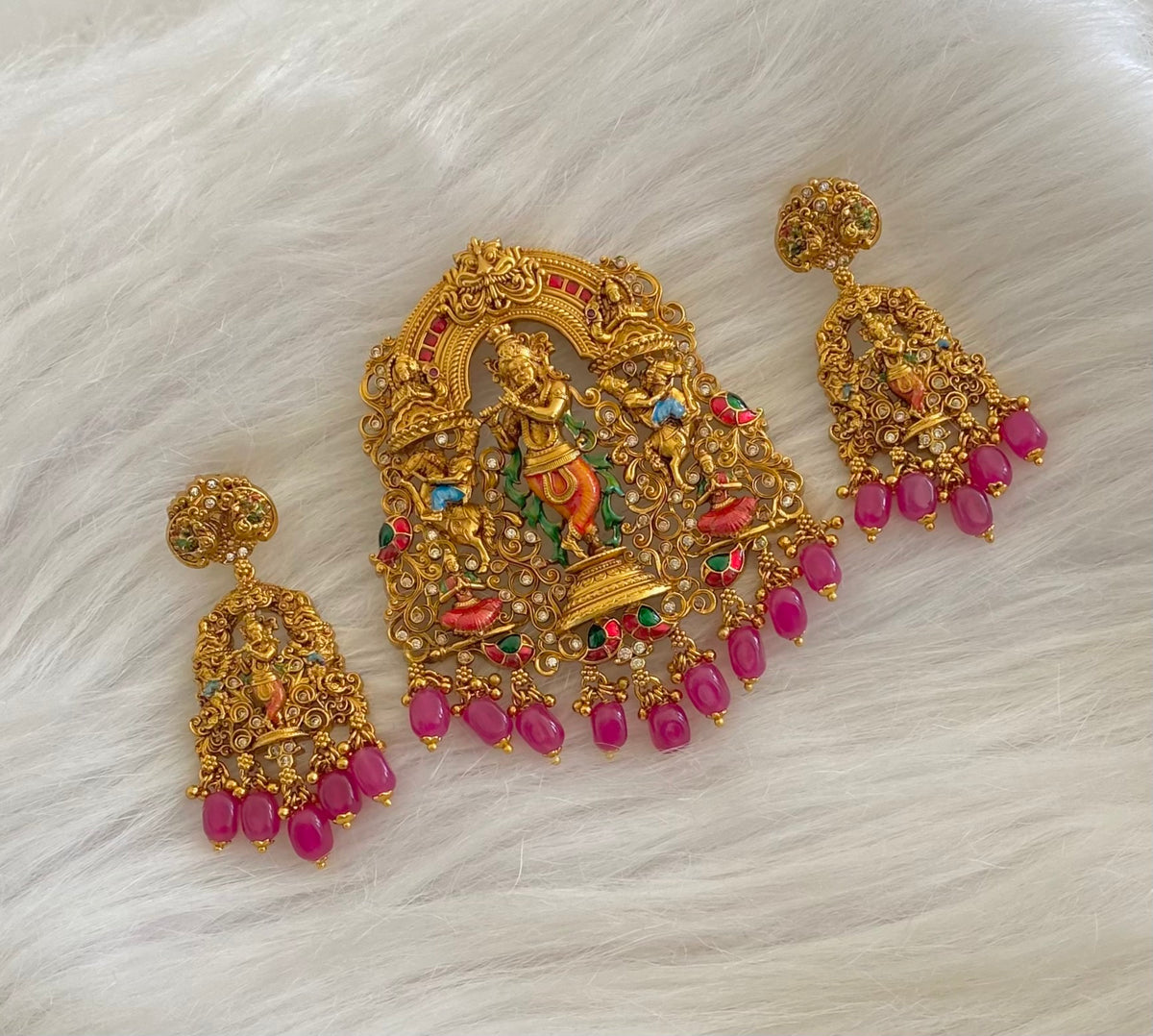 Matte finish ruby beaded krishna meenakari pendant set dj-54741
