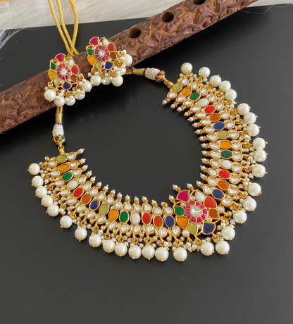 Antique gold tone pearl kundan jadau navarathna necklace set dj-54168