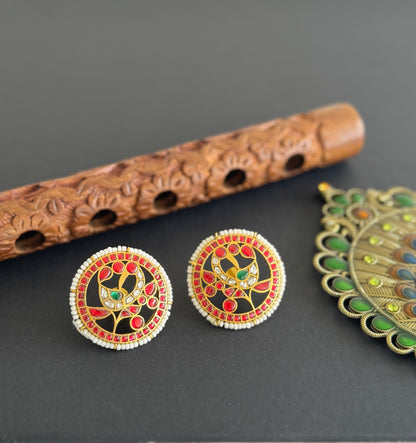 Gold tone pink-green kundan jadau peacock round big stud/earrings dj-51500