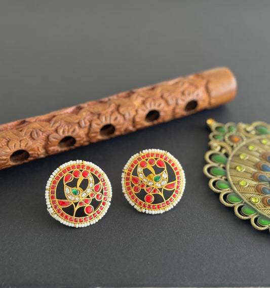 Gold tone pink-green kundan jadau peacock round big stud/earrings dj-51500