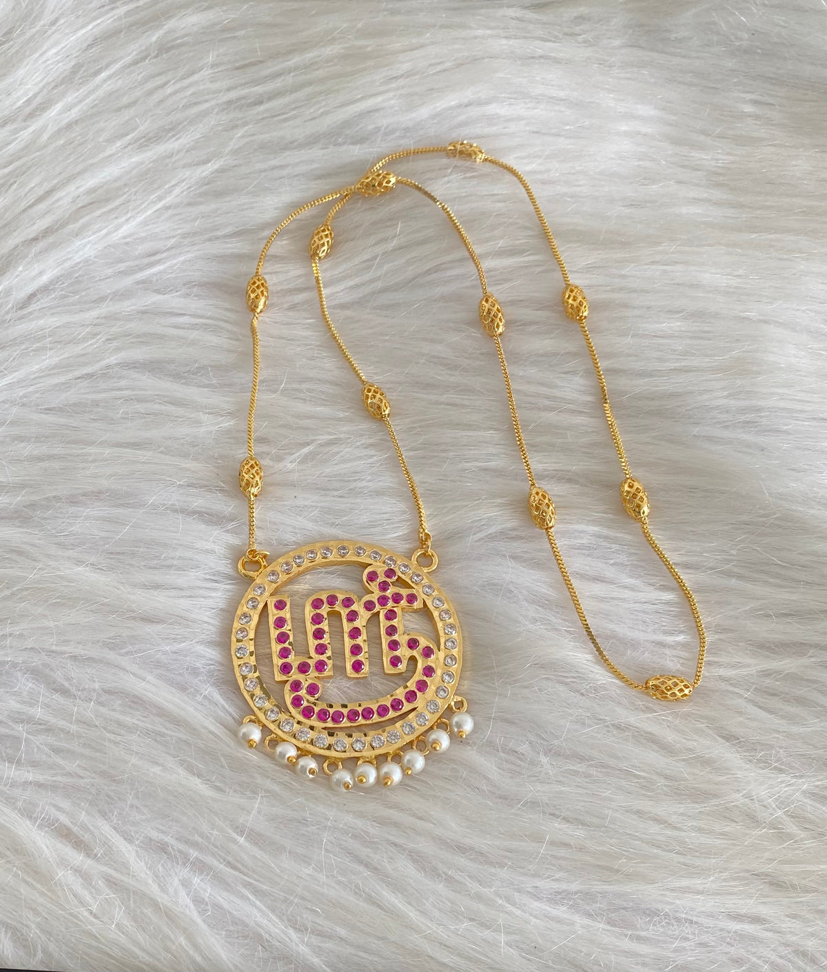 Gold tone 24 inches chain with AD pink tamil sree pendant dj-55184