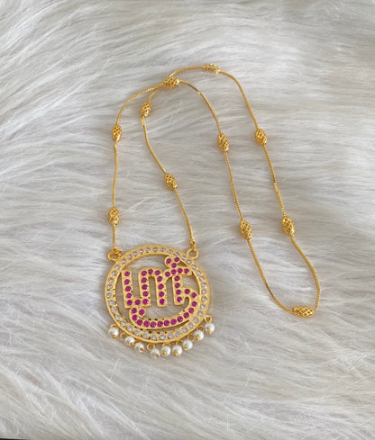 Gold tone 24 inches chain with AD pink tamil sree pendant dj-55184