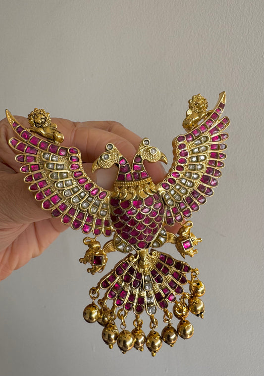 Antique gold tone kundan jadau Gandaberunda pendant dj-48799