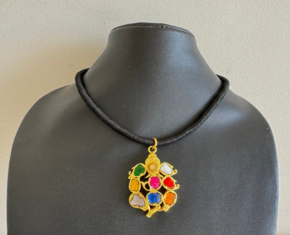 Gold tone black thread ganesha navarathna kundan jadau necklace dj-52505