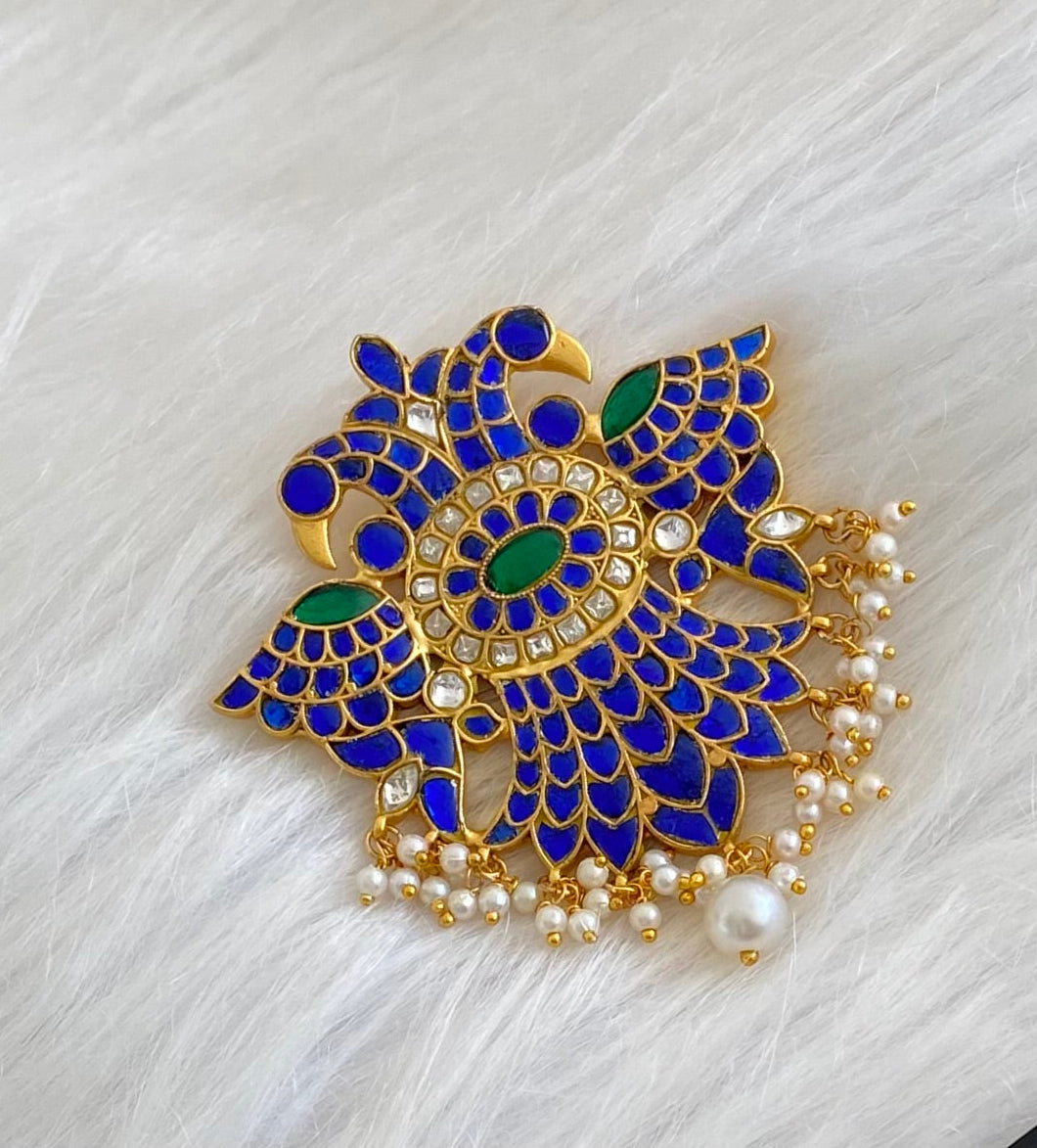Gold tone blue-green-white pearl kundan jadau ganda berunda pendant dj-54557