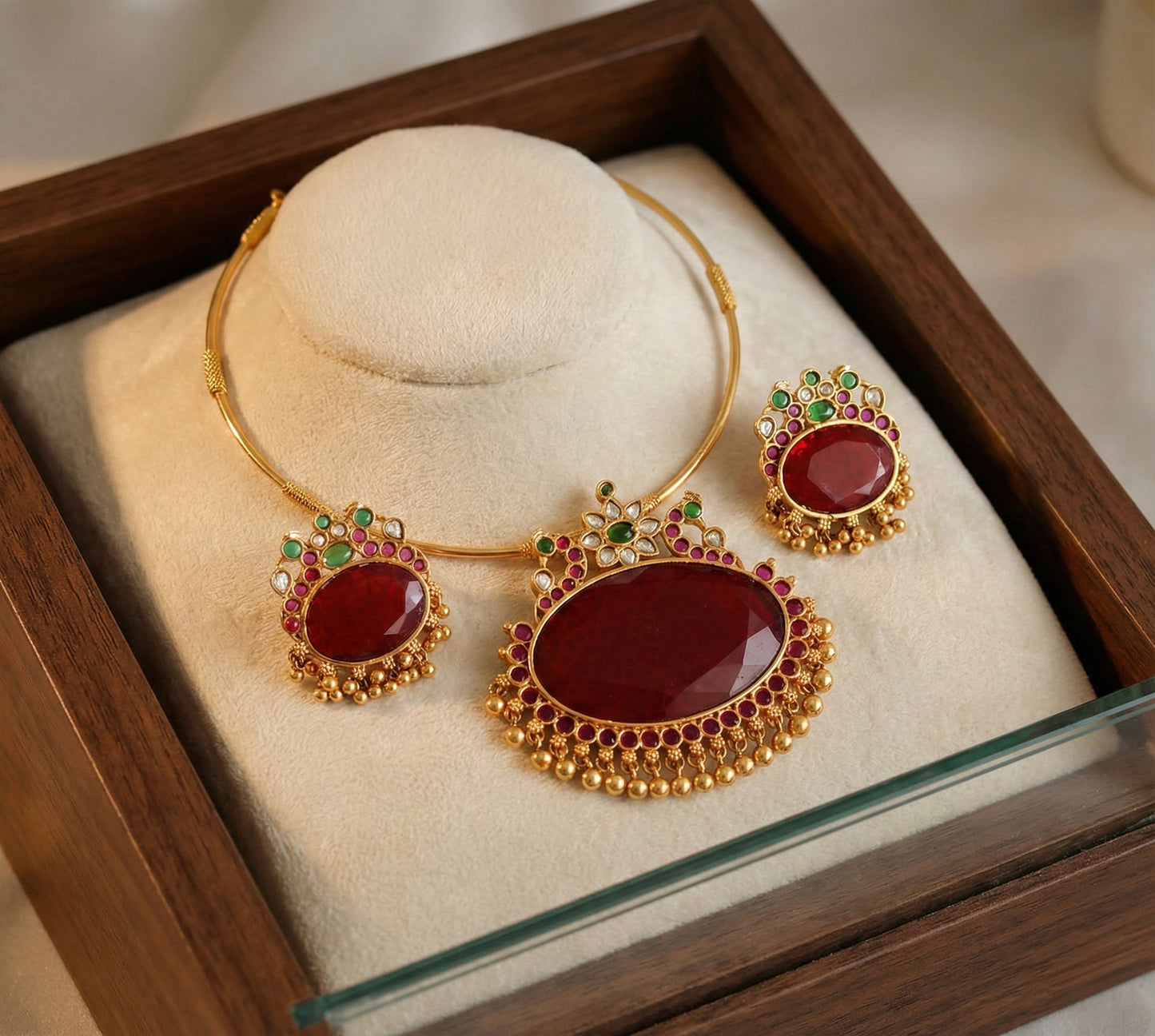 Matte finish peacock big red oval stone pendant hasli necklace set dj-51226