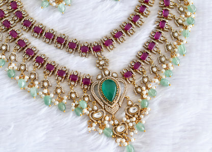 Antique gold tone cz pink- green double layer necklace set dj-53020