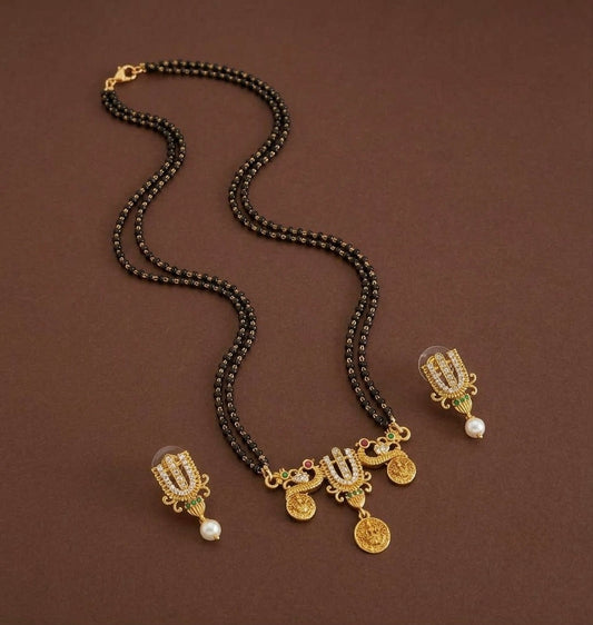 Antique gold tone 18 inches karamani chain thirumal nama-peacock-lakshmi pendant set dj-55010