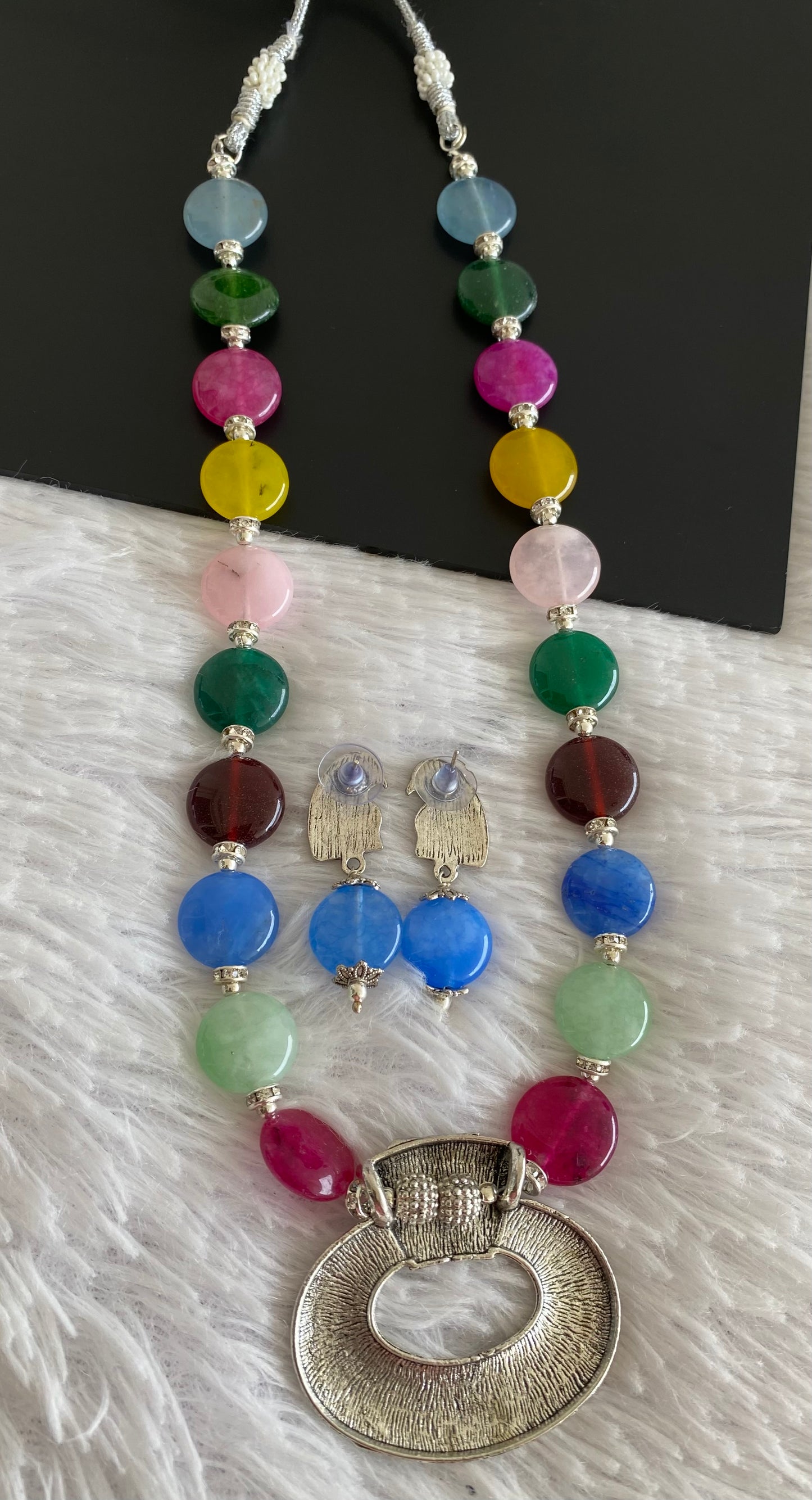Silver tone multicolour beaded pendant hand made necklace set dj-52918