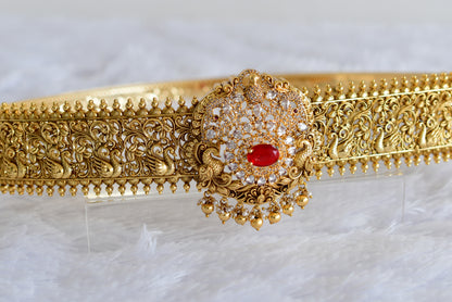 Antique gold tone red-white stone peacock waist band dj-52194