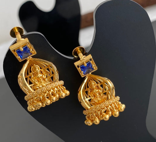 Gold tone blue stone lakshmi jhumkka dj-53516
