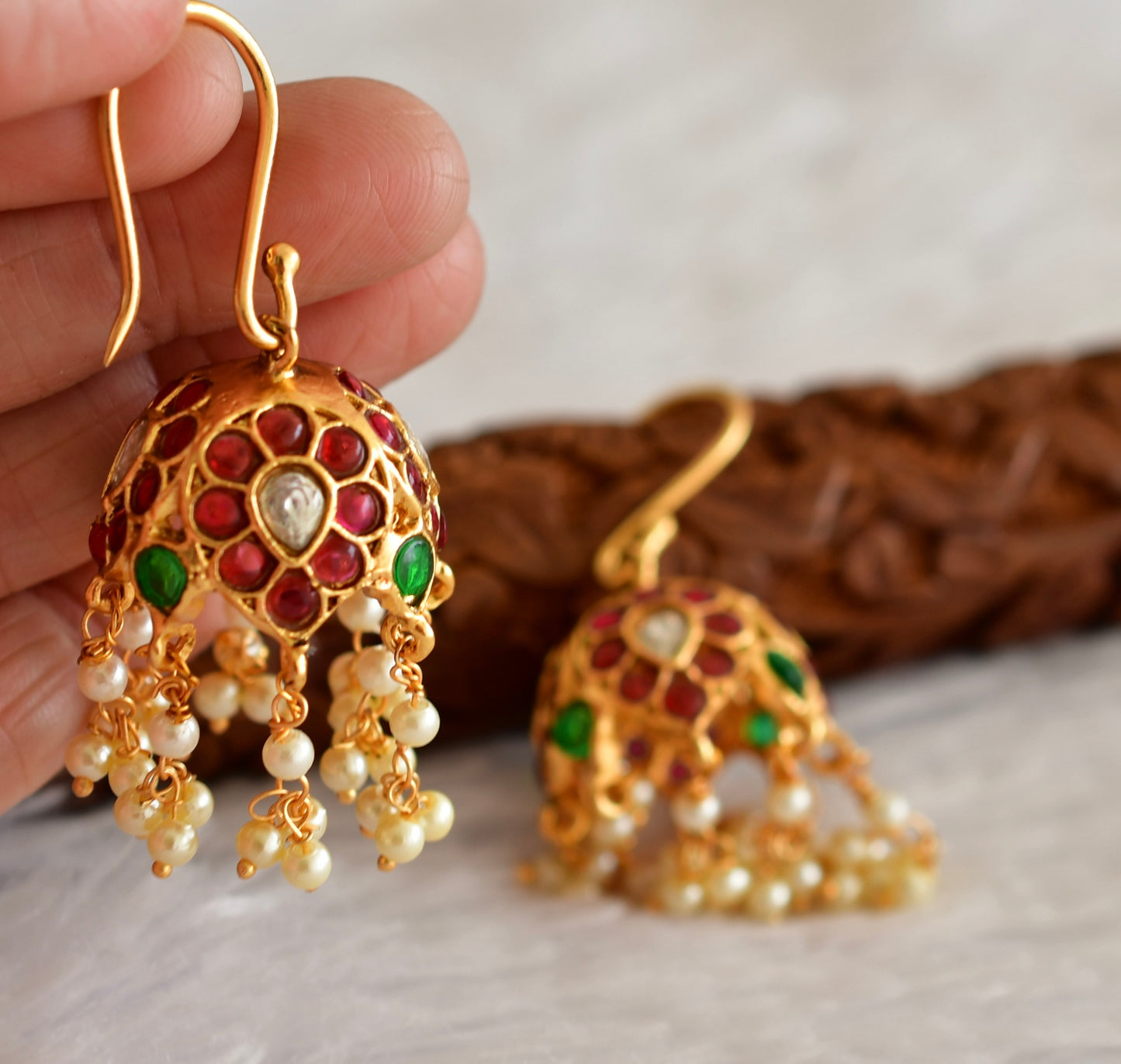 Matte finish kemp-green-white pearlx hook jhumkka dj-46514