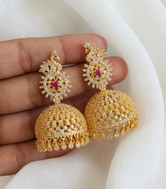 Gold tone Cz-ruby Peacock Big Jhumkka-dj17148