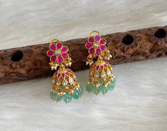 Gold tone kemp-white stone kundan jadau green beaded jhumkka dj-54614