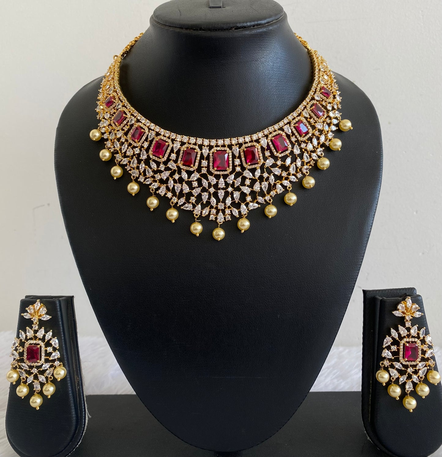 Gold tone AD white-pink pearl choker necklace set dj-53424