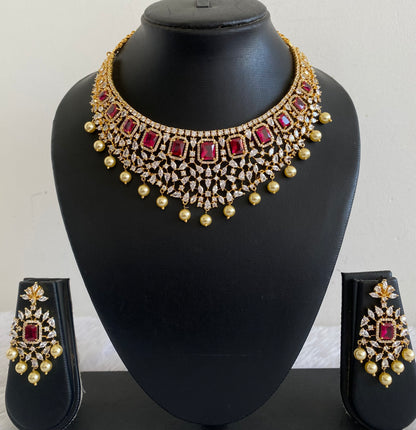 Gold tone AD white-pink pearl choker necklace set dj-53424