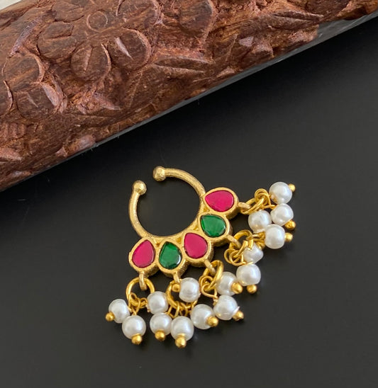 Gold tone kundan jadau pink-green stone pearl nose pin/bulakku dj-53789