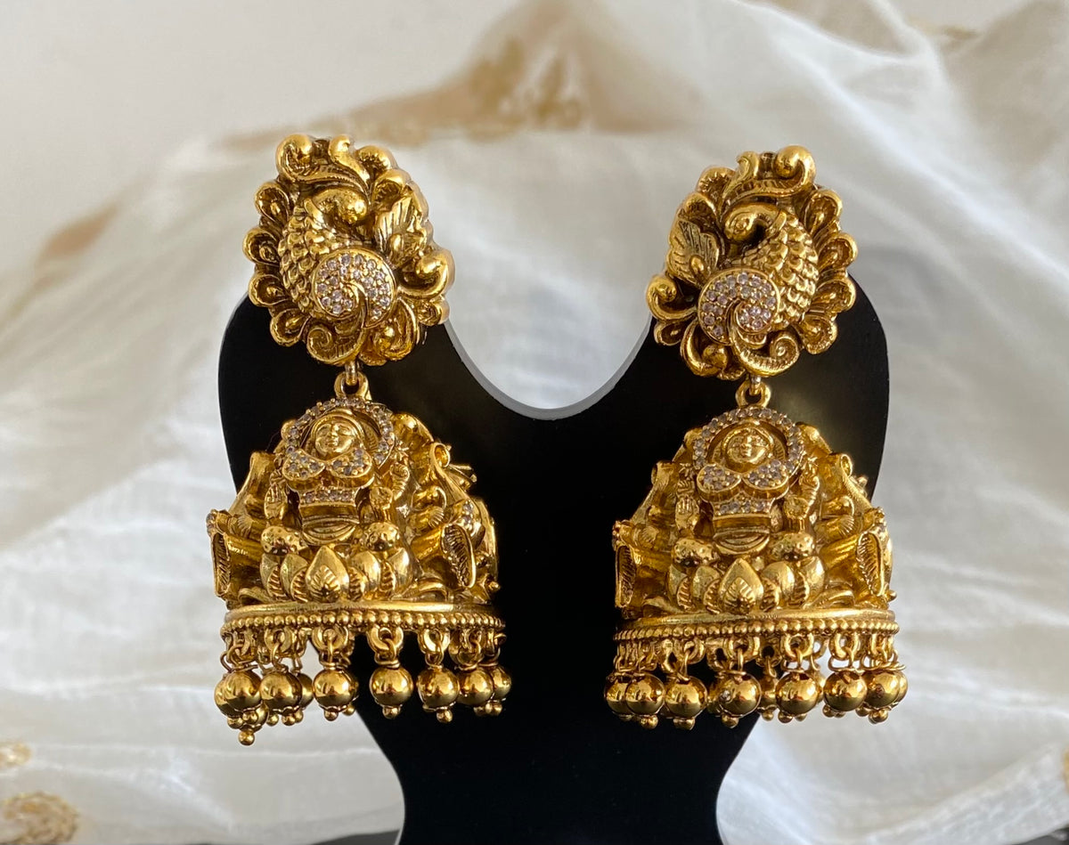 Antique gold tone cz white nakshi peacock lakshmi jhumkka dj-55101