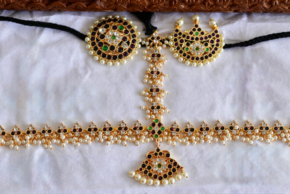 Gold tone precious kemp-green-white pearl cluster with sun and moon head set dj-51849