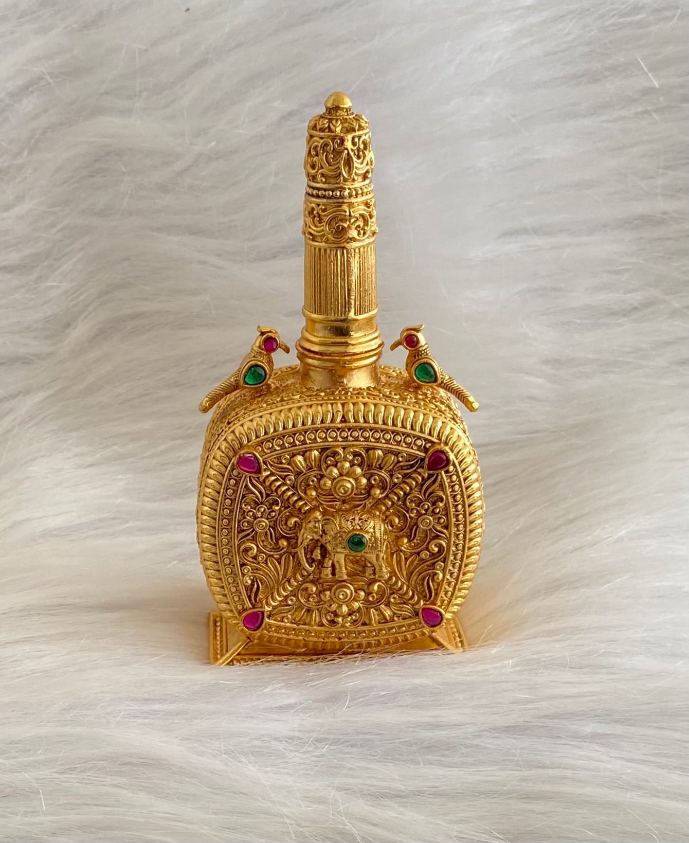 Gold tone pink -green bird elephant kumkum box dj-54222