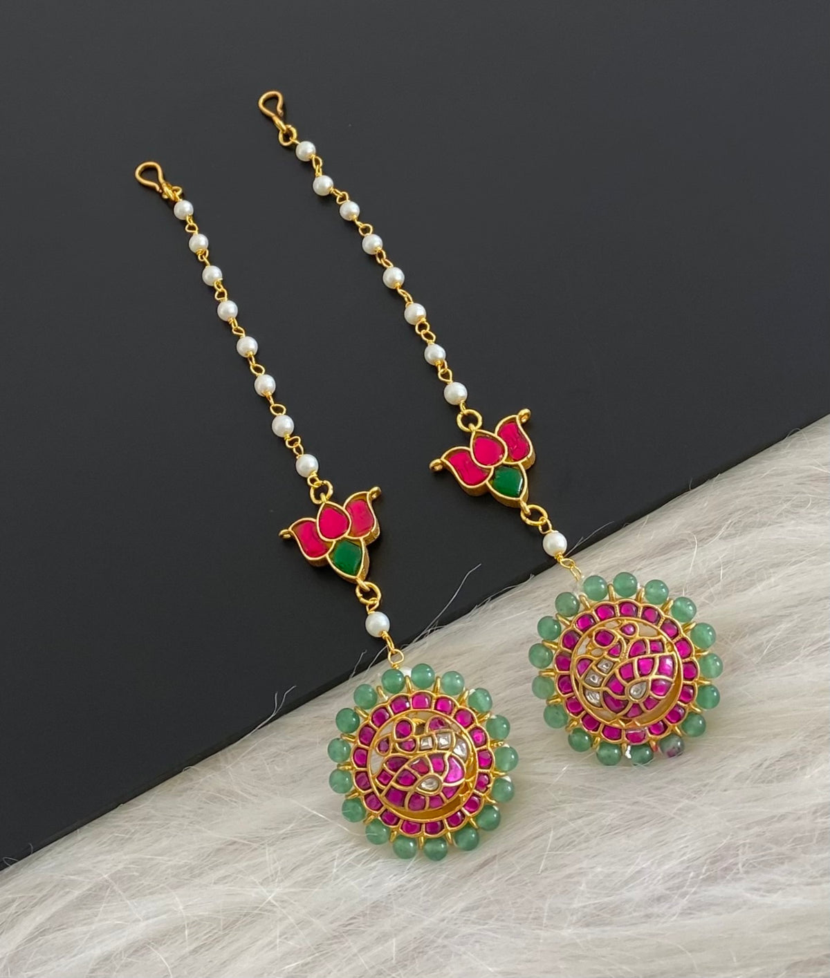 Gold tone kundan jadau green bead peacock round earrings with lotus side chain dj-55058