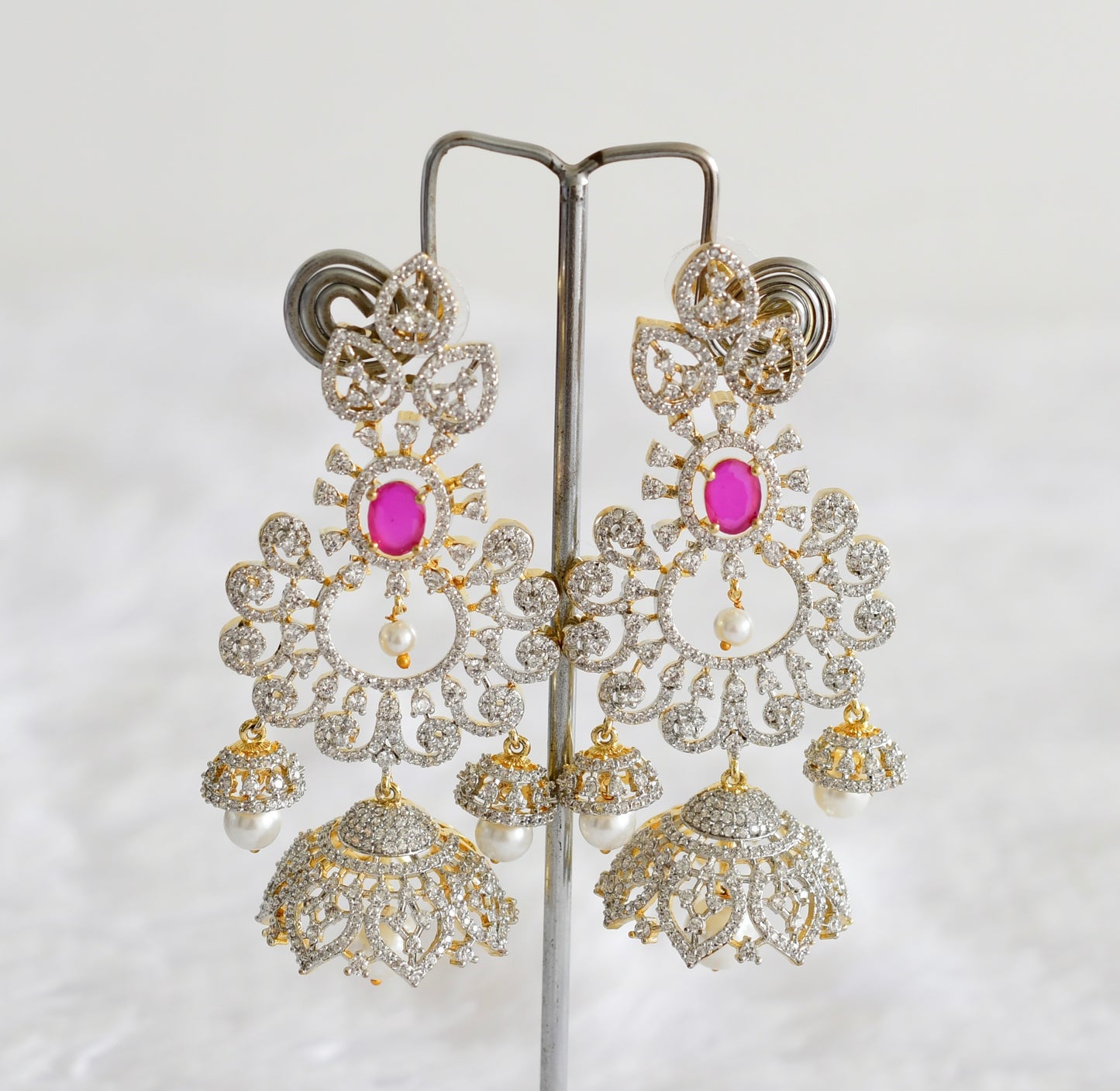 Two tone cz ruby pearl long bali jhumkka dj-51882