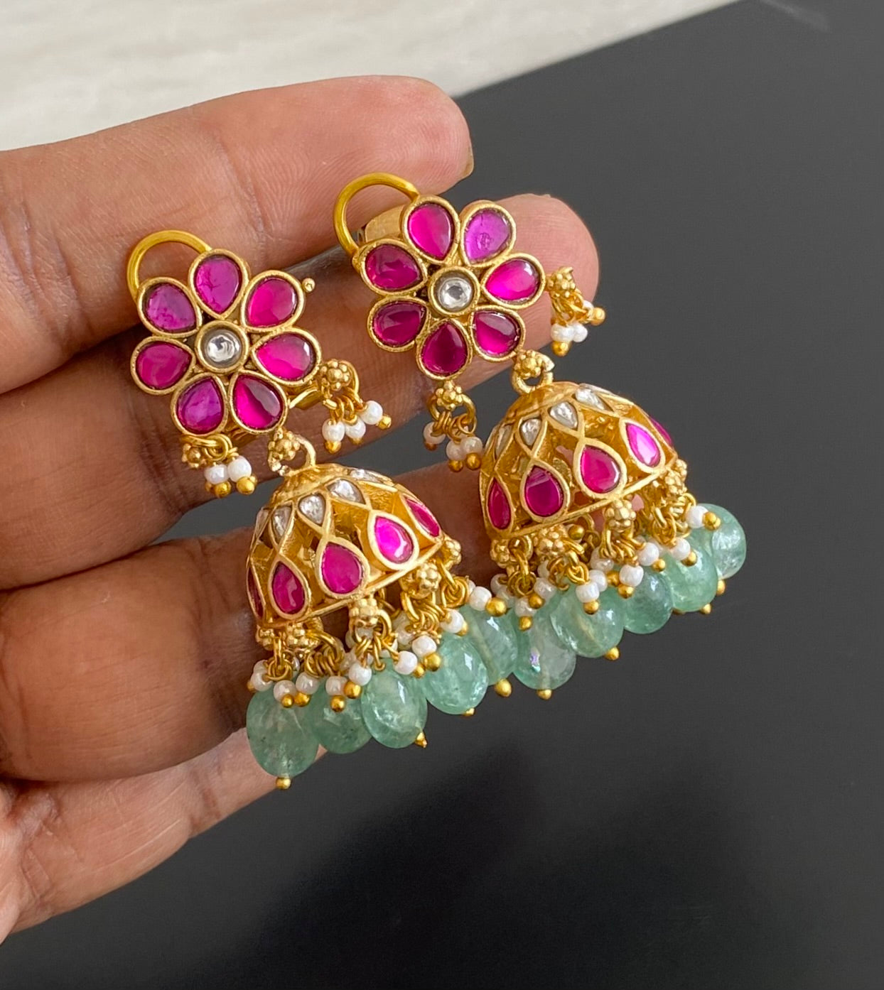 Gold tone kemp-white stone kundan jadau green beaded jhumkka dj-54613