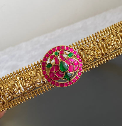 Matte finish pink-green kundan jadau  peacock waist belt dj-53472
