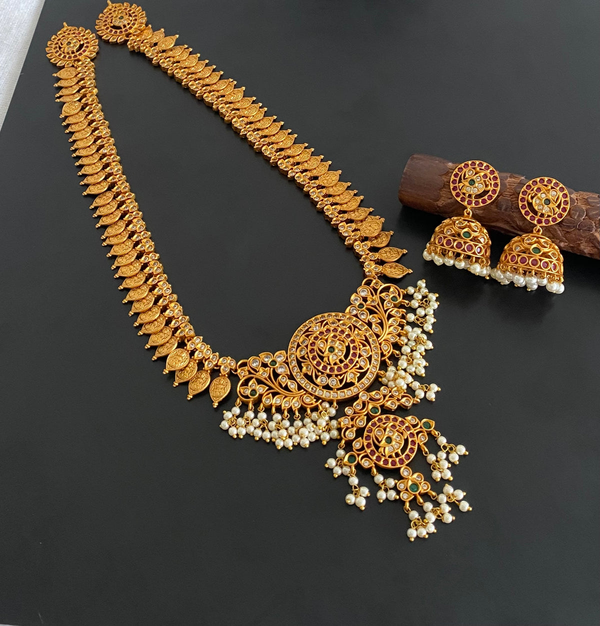 Matte finish ruby-emerald-white pearl lakshmi coin haar set dj-54996
