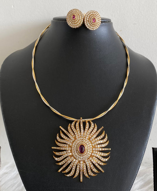 Two tone cz white-pink flower pendant set with kanti necklace dj-54247