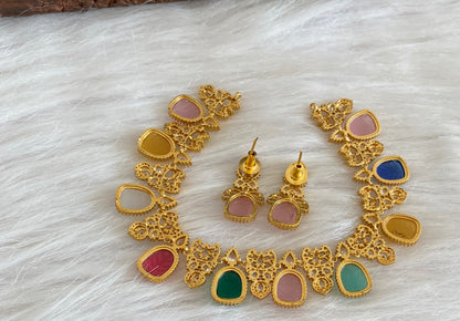 Gold tone carved multicolor stone necklace set dj-54814