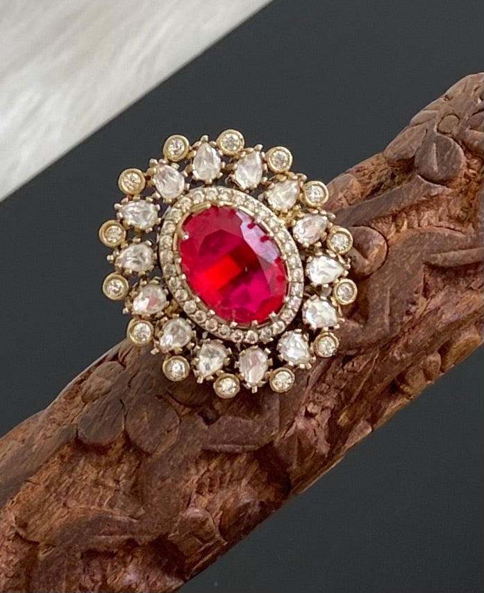 Two tone cz white-red stone finger ring dj-53683