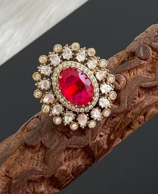 Two tone cz white-red stone finger ring dj-53683