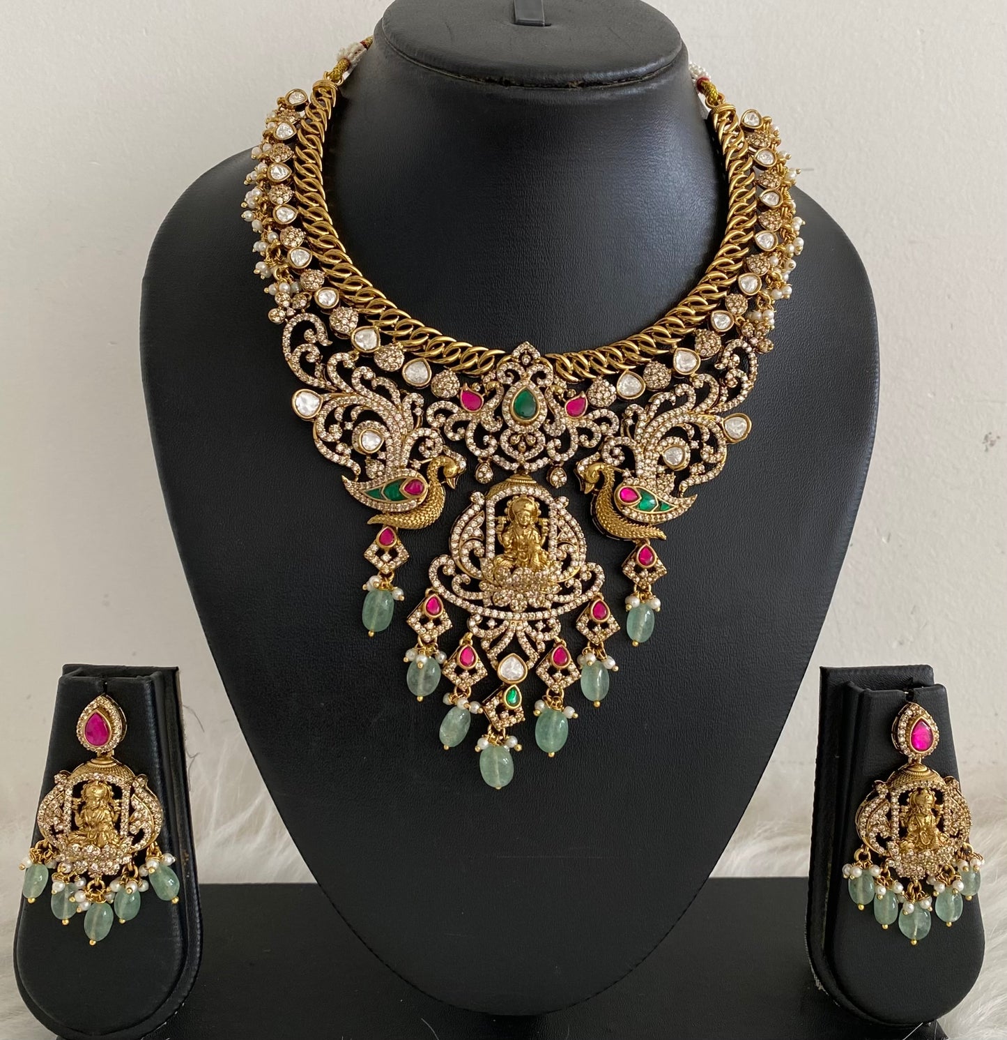 Antique gold tone lakshmi peacock beaded kundan jadau necklace set dj-54508