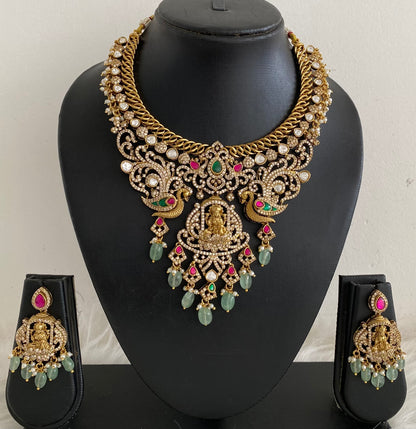 Antique gold tone lakshmi peacock beaded kundan jadau necklace set dj-54508