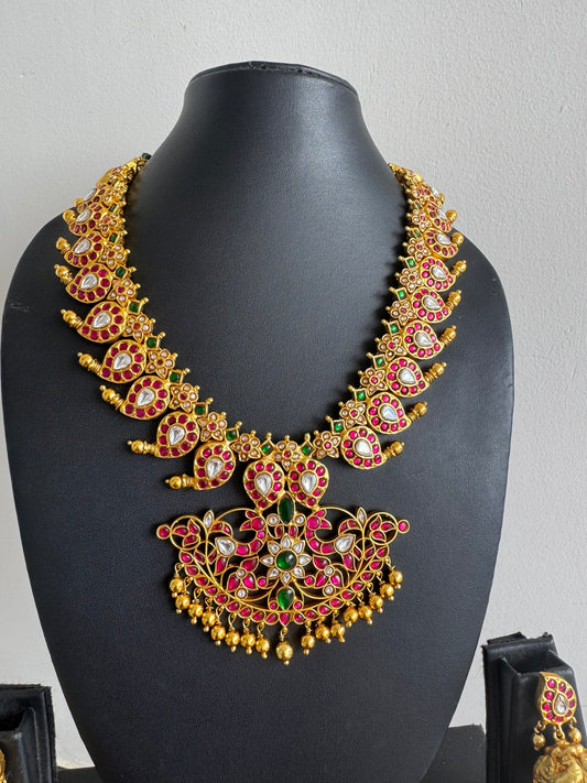 Matte Gold Look Alike White Kemp-green Mango Kundan jadau Necklace Set DJ33259